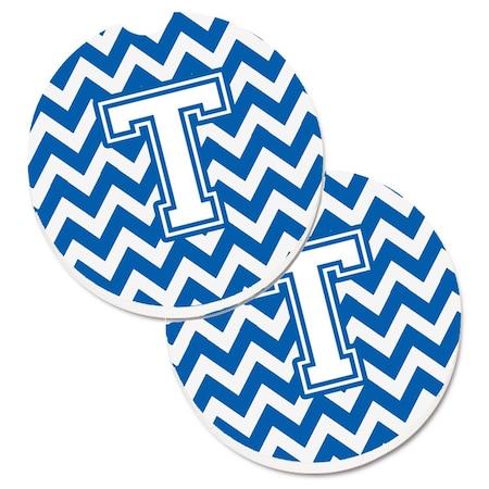 Carolines Treasures Letter T Chevron Blue and White Set of 2 Cup Holder Car Coaster CJ1045-TCARC